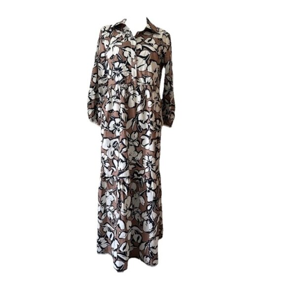 Cynthia Rowley Brown Floral Tiered Long Sleeve Maxi Dress Cotton Size L Boho - Picture 1 of 12